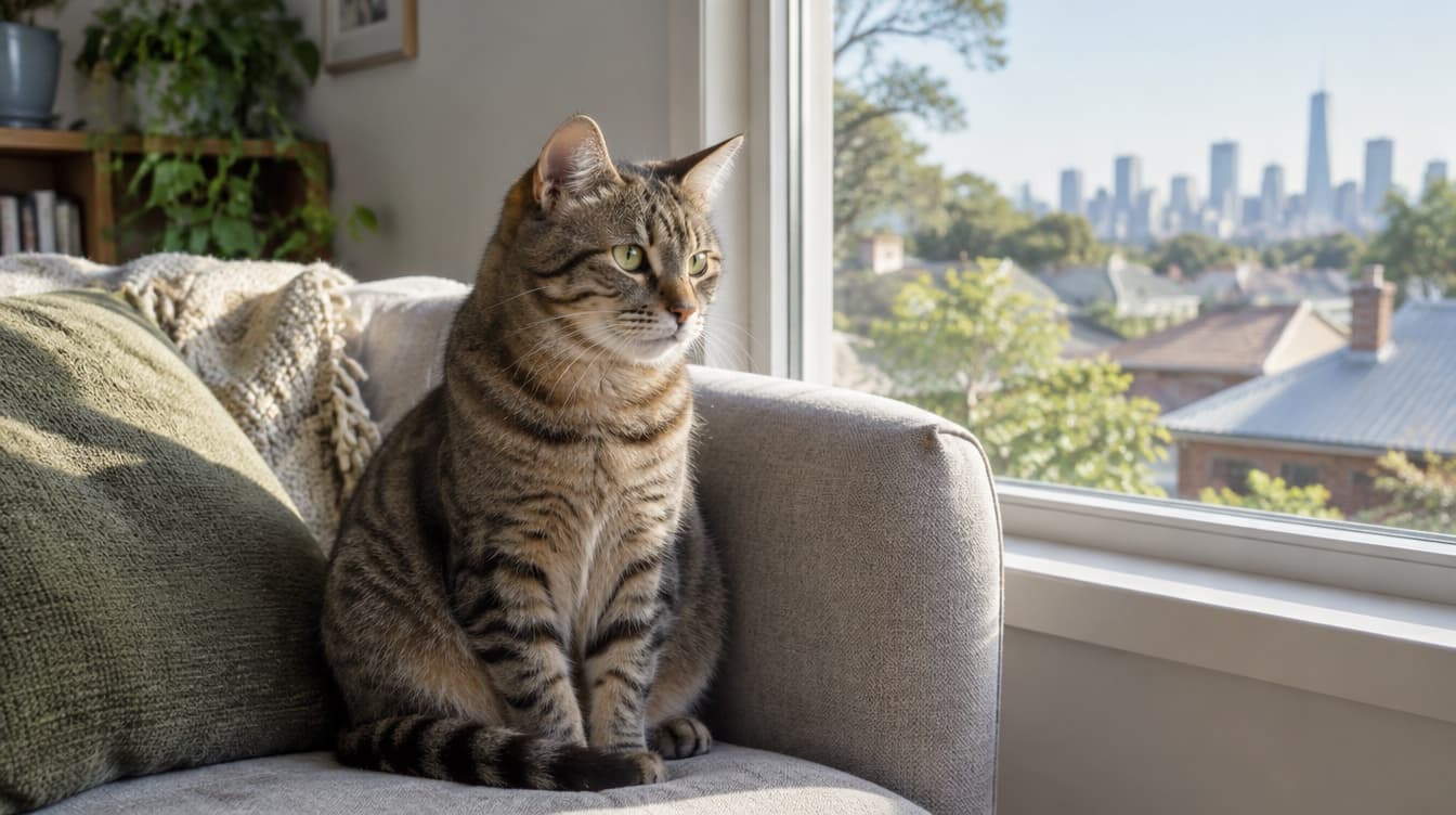 A tabby domestic shorthair cat sitting by a sunny window in a Melbourne home, representing the many moggies available for adoption through Victorian rescues