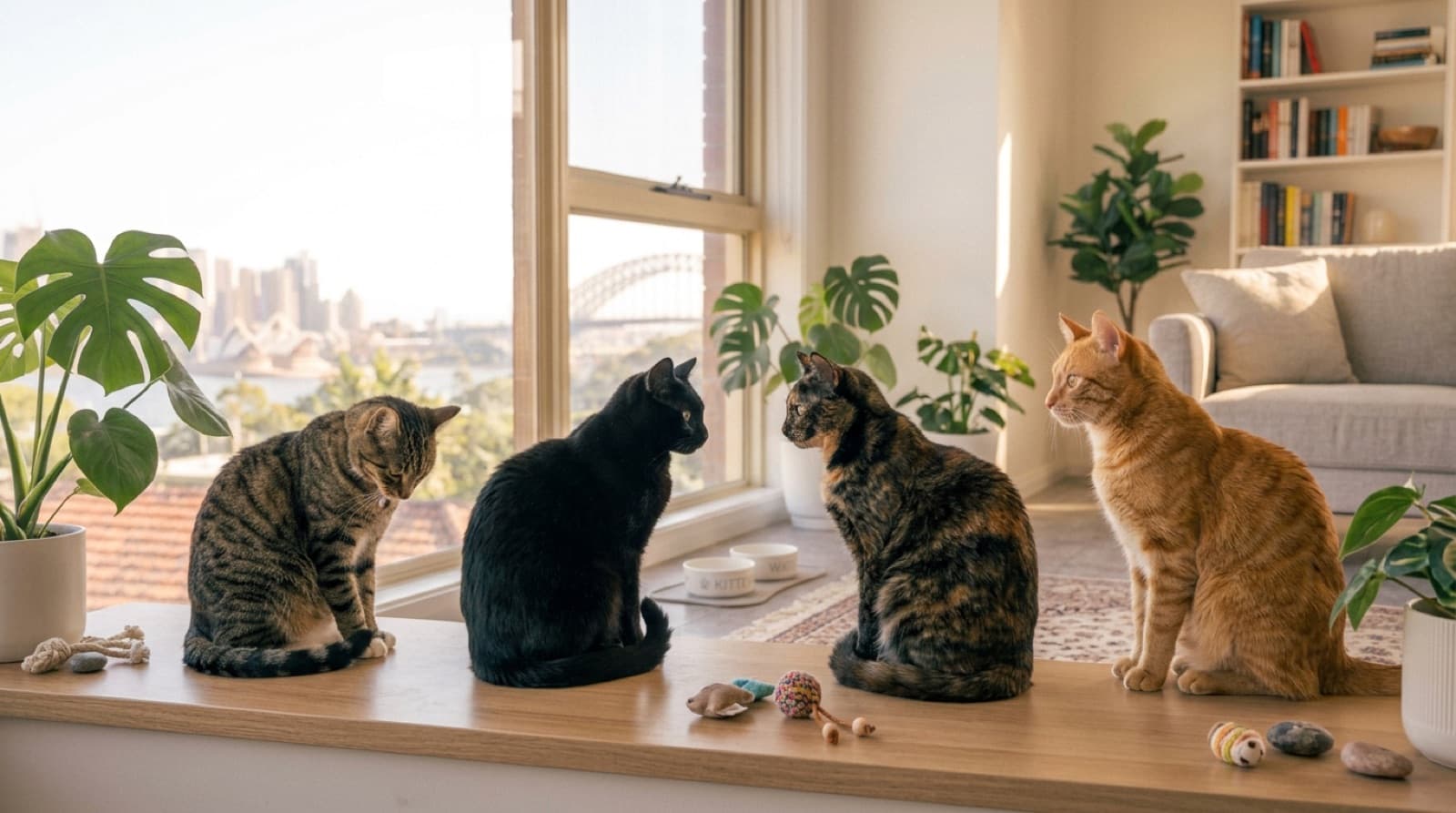 A group of Domestic Shorthair rescue cats in different colours, including a tabby, a tuxedo, a ginger and a black cat, showing the range of coat patterns seen in Brisbane rescue