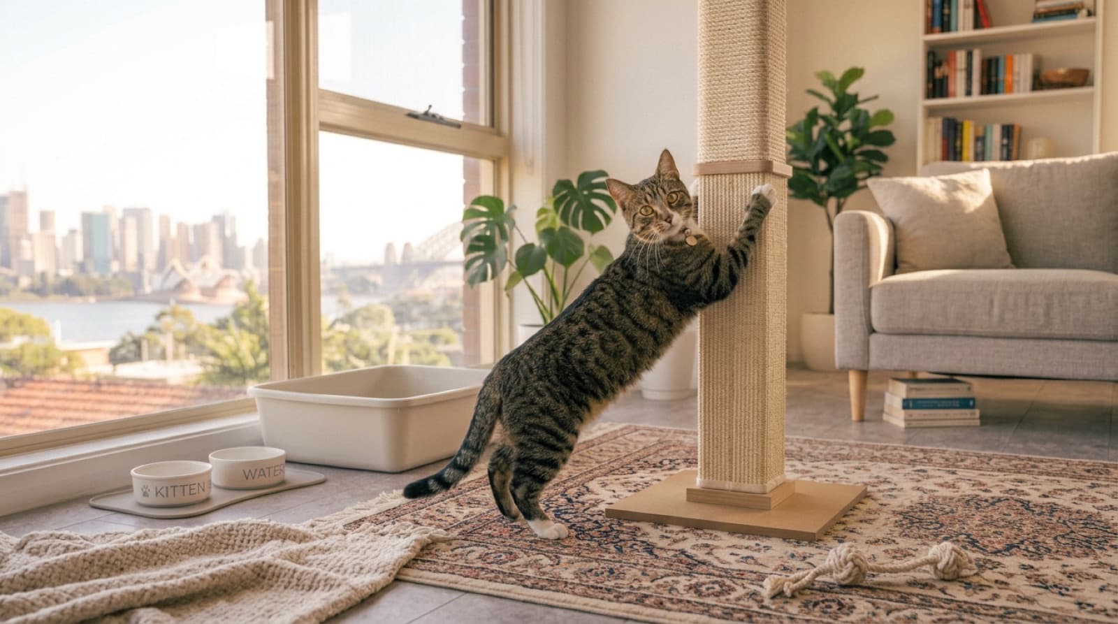 A healthy adult Domestic Shorthair cat with a glossy tabby coat sitting alert on a sunlit windowsill in a Brisbane home, representing the hardiness and long lifespan of moggies