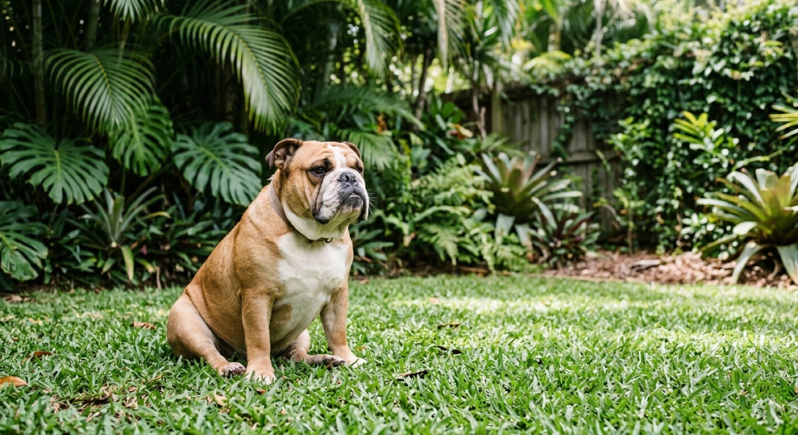 An English Bulldog sitting calmly, representing the Bulldogs and Bulldog crosses available for adoption through Brisbane and Queensland rescue