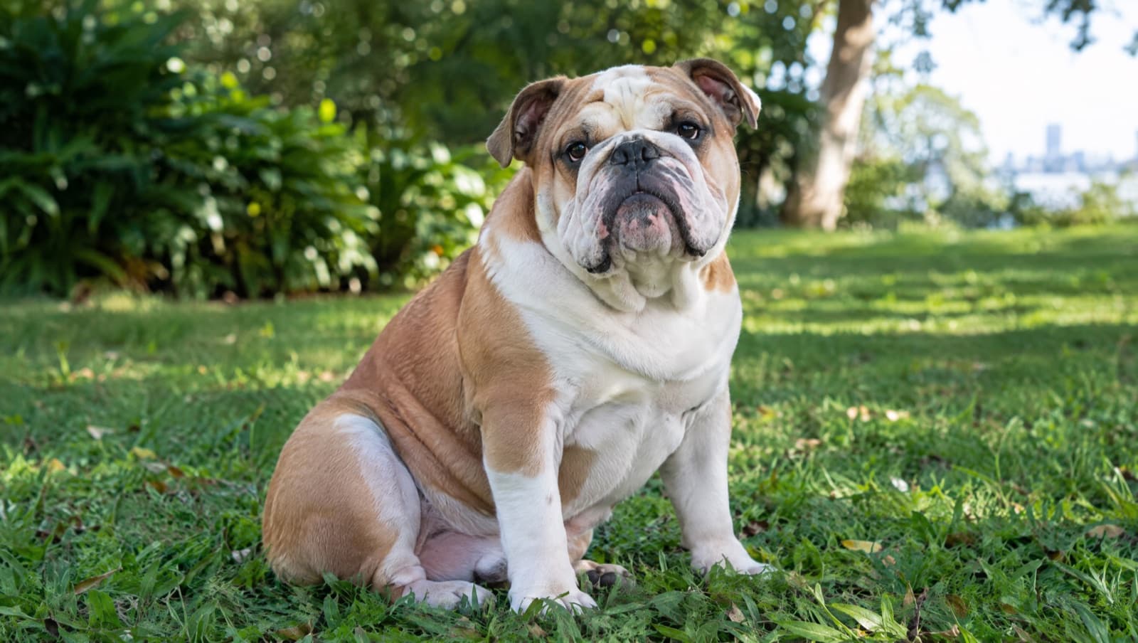 A stocky brindle-and-white English Bulldog resting calmly in the shade, representing the Bulldogs and Bulldog crosses available for adoption through Gold Coast and Queensland rescue