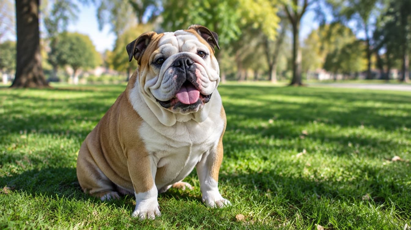 An English bulldog sitting on the grass in a Melbourne park, representing the rescue Bulldogs available for adoption across Victoria