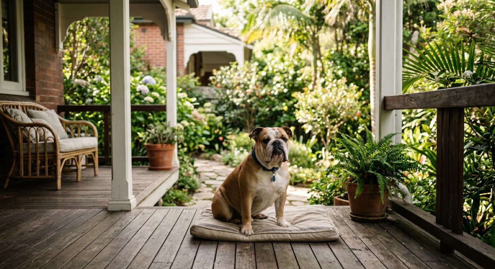 A healthy fawn-and-white English Bulldog sitting calmly on a shaded Sydney veranda, representing gentle rescue Bulldogs available for adoption in Sydney and NSW