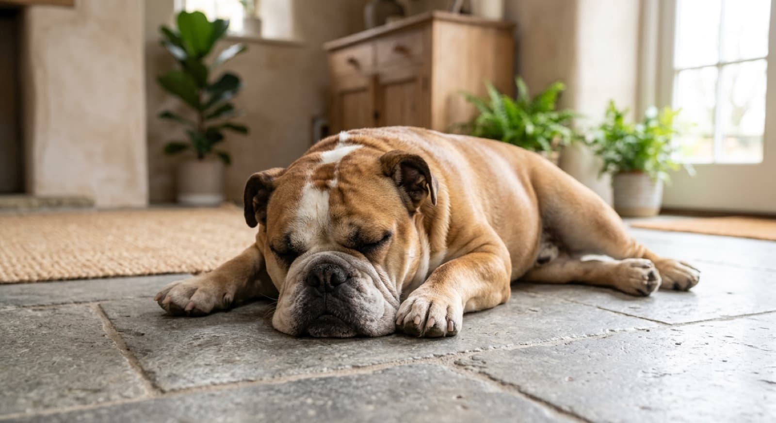 An English Bulldog outdoors, illustrating a guide to the breed's health issues including breathing, skin, eye and joint conditions for Brisbane owners