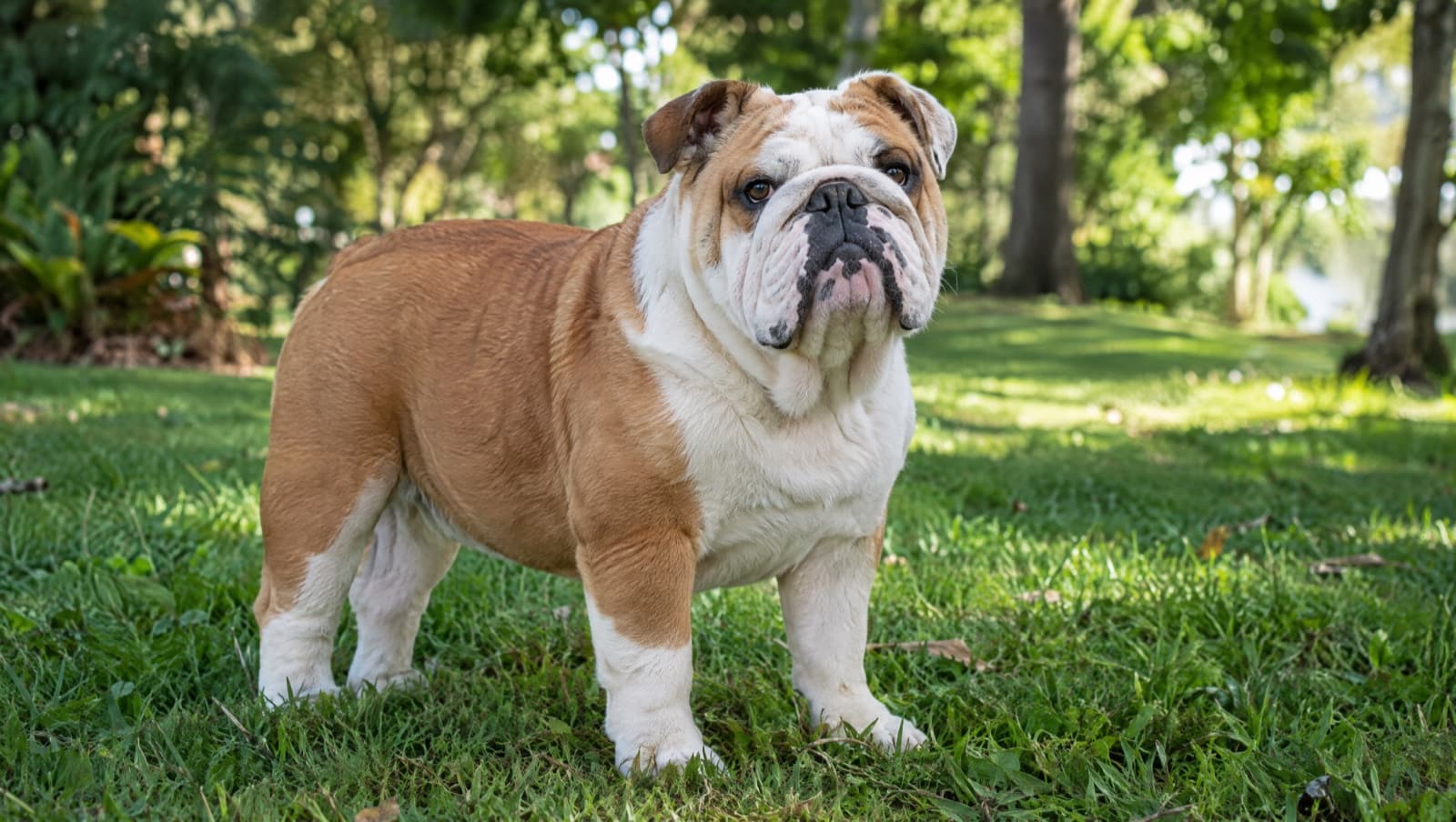 A stocky fawn-and-white English Bulldog resting in the shade of a leafy Gold Coast backyard, illustrating a guide to the breed's health issues including breathing, skin, eye and joint conditions
