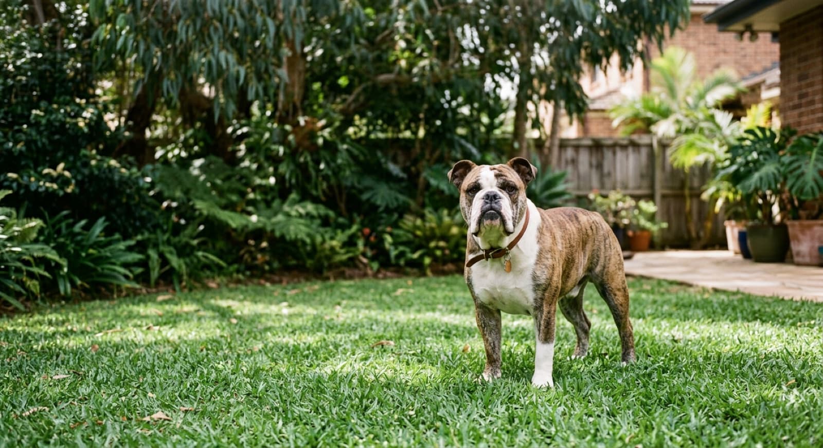 A healthy, lean adult English Bulldog standing on grass in a shaded Sydney backyard, representing the good body condition and care that Bulldog health depends on