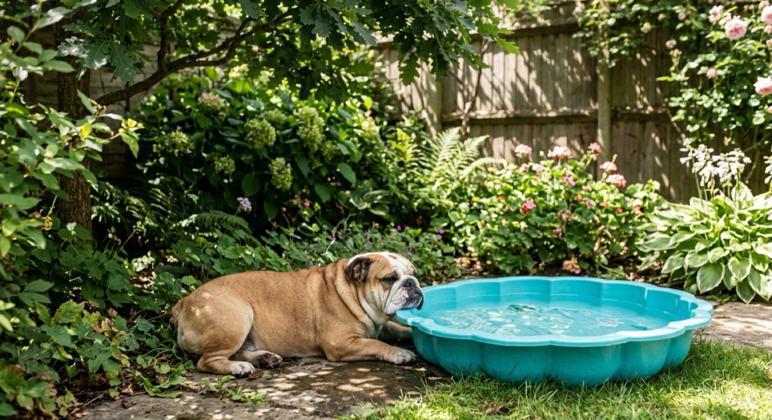 An English Bulldog resting in the shade, illustrating heat and breathing safety for a flat-faced breed in the Brisbane climate