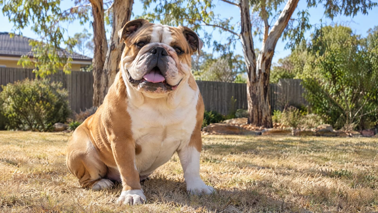 A fawn-and-white English Bulldog resting in deep shade beside a bowl of water on a hot dry day, illustrating heat and breathing safety for a flat-faced breed in the Perth climate