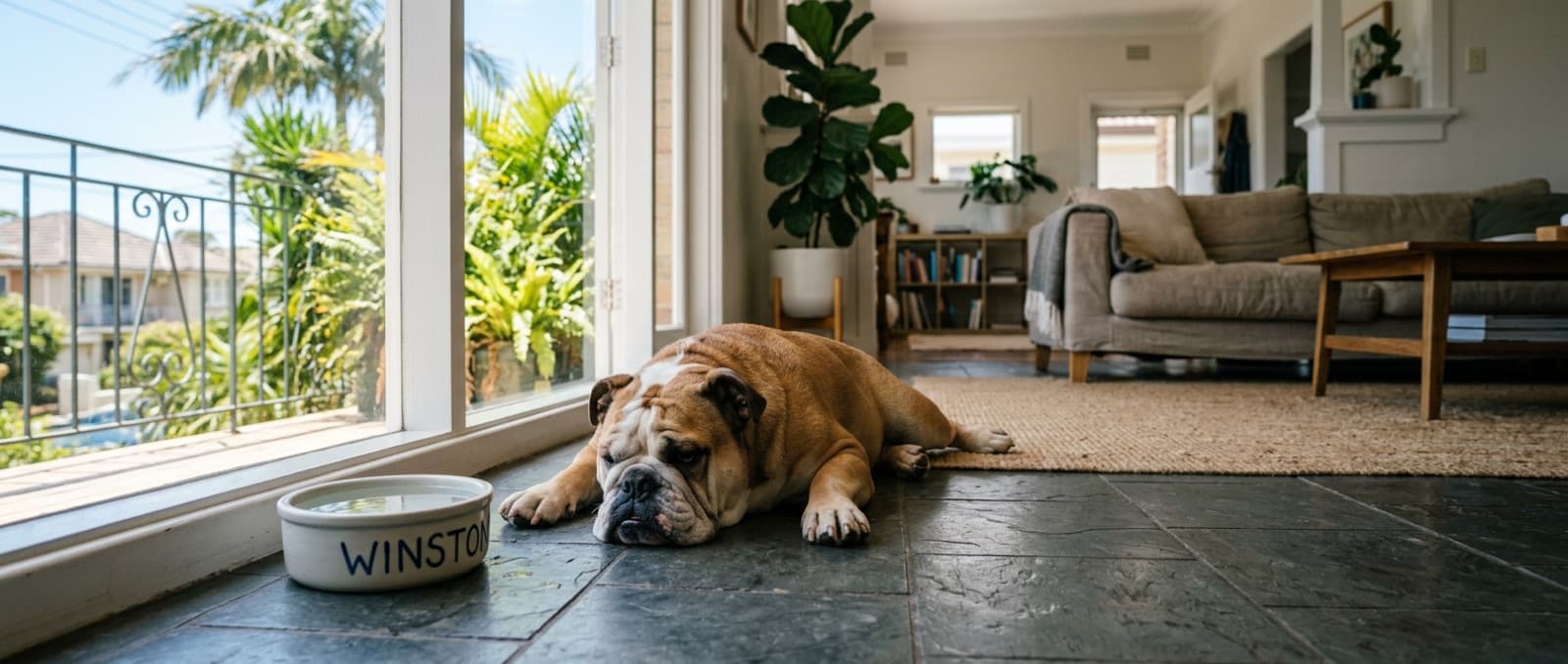 An English Bulldog resting on a cool tiled floor beside a water bowl indoors on a hot Sydney day, the safe way to manage a flat-faced breed in summer heat