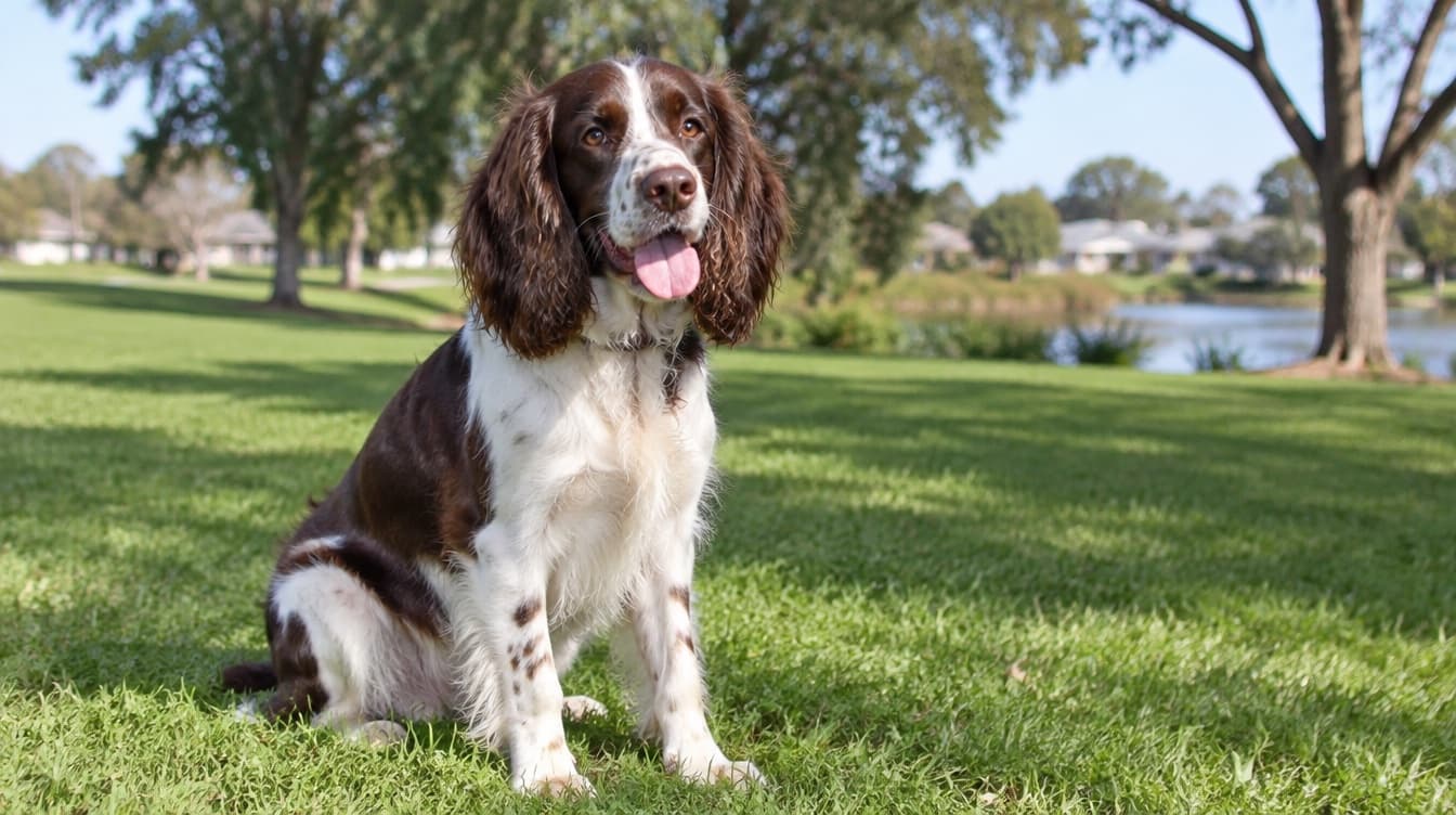 A liver and white English Springer Spaniel with long feathered ears sitting on the grass in an Adelaide park, representing the rescue Springer Spaniels available for adoption across South Australia