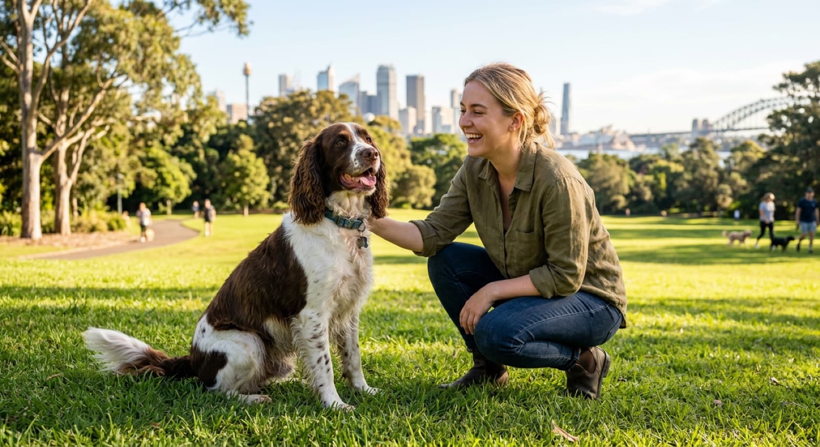 A liver-and-white English Springer Spaniel with long feathered drop ears and a wagging tail standing alert on the grass in a sunny Sydney park, representing the busy gundog purebred that turns up for adoption across Sydney and NSW rescues