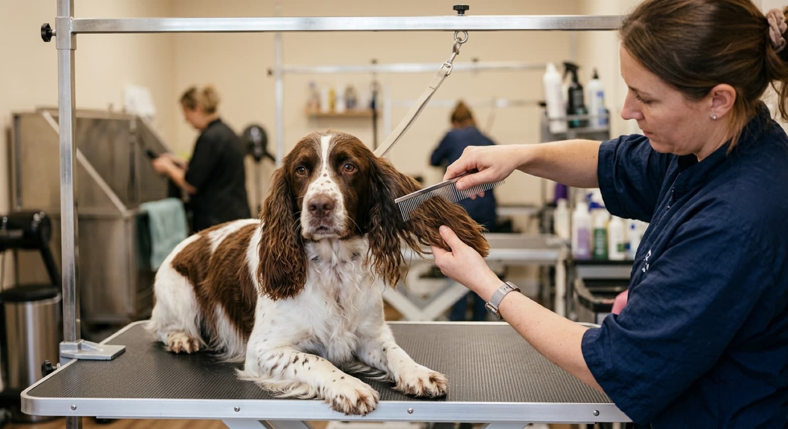 A liver-and-white English Springer Spaniel with its long feathered drop ears being combed, showing the feathering on the ears, chest and legs that defines Springer grooming