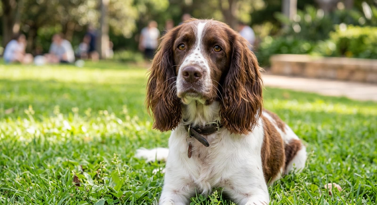 A liver-and-white English Springer Spaniel with long drop ears sitting on grass in a Sydney park, an active gundog whose signature health issue is recurrent ear infections