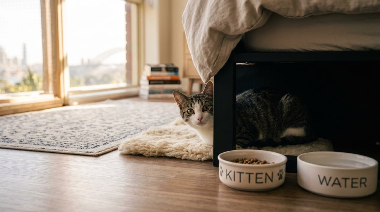 A newly adopted rescue cat peeking out cautiously from under a bed in a quiet Sydney bedroom, showing the normal hiding behaviour of a cat settling into a new home