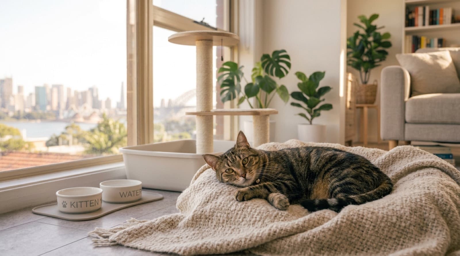 A content FIV positive rescue cat resting on a cushion by a sunny window in a Sydney home, showing that FIV cats live happy, normal indoor lives