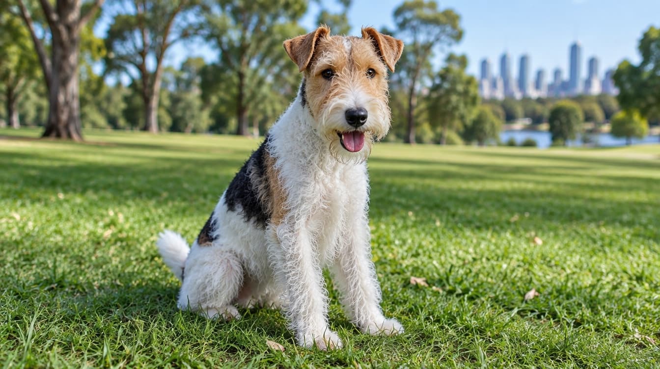 An alert white and tan Fox Terrier standing on dry golden grass in a sunny Perth park, representing the bold, high-energy terriers available for adoption across Perth and Western Australia rescues