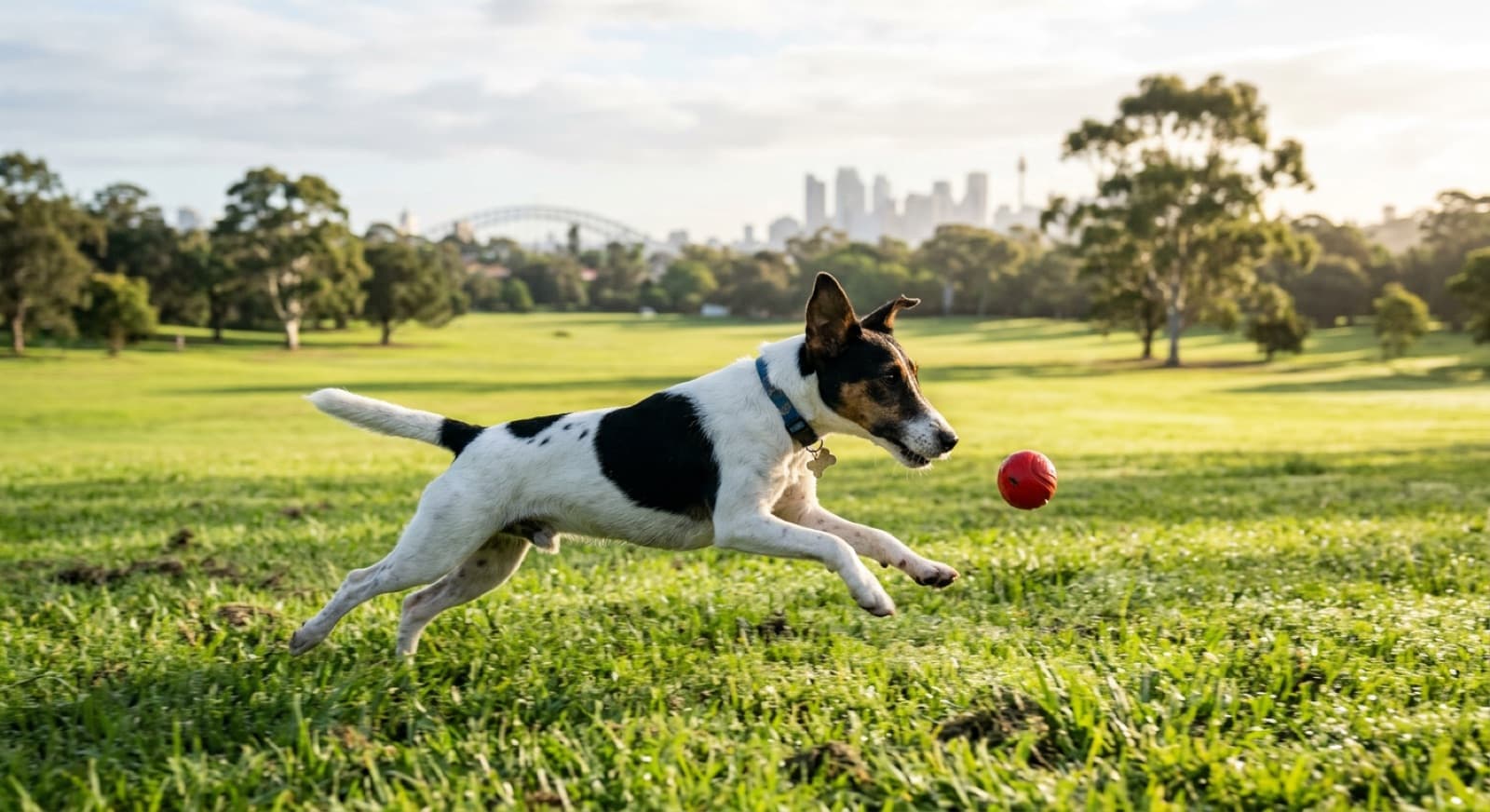 An alert white-and-tan Fox Terrier standing at attention on grass in a Sydney park, showing the compact, athletic build and bright, busy expression of the breed