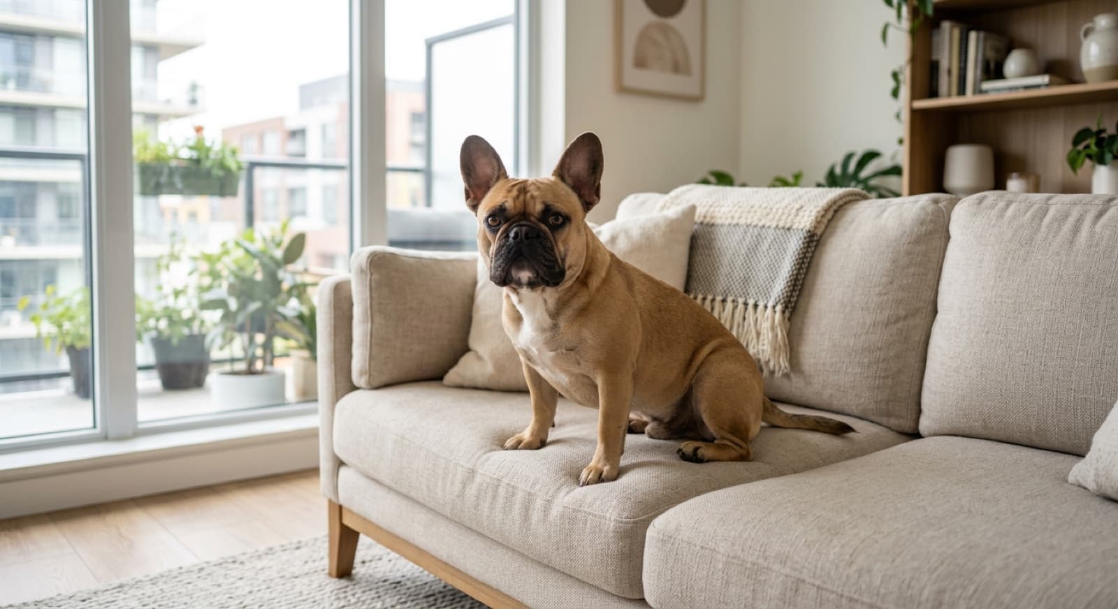 A French Bulldog with its distinctive bat ears sitting indoors, representing the Frenchies and Frenchie crosses available for adoption through Gold Coast and Queensland rescue