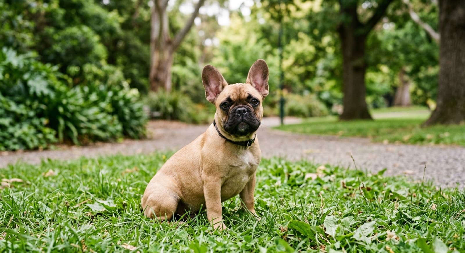 A French Bulldog sitting on grass in a Melbourne park, representing the rescue Frenchies available for adoption across Victoria