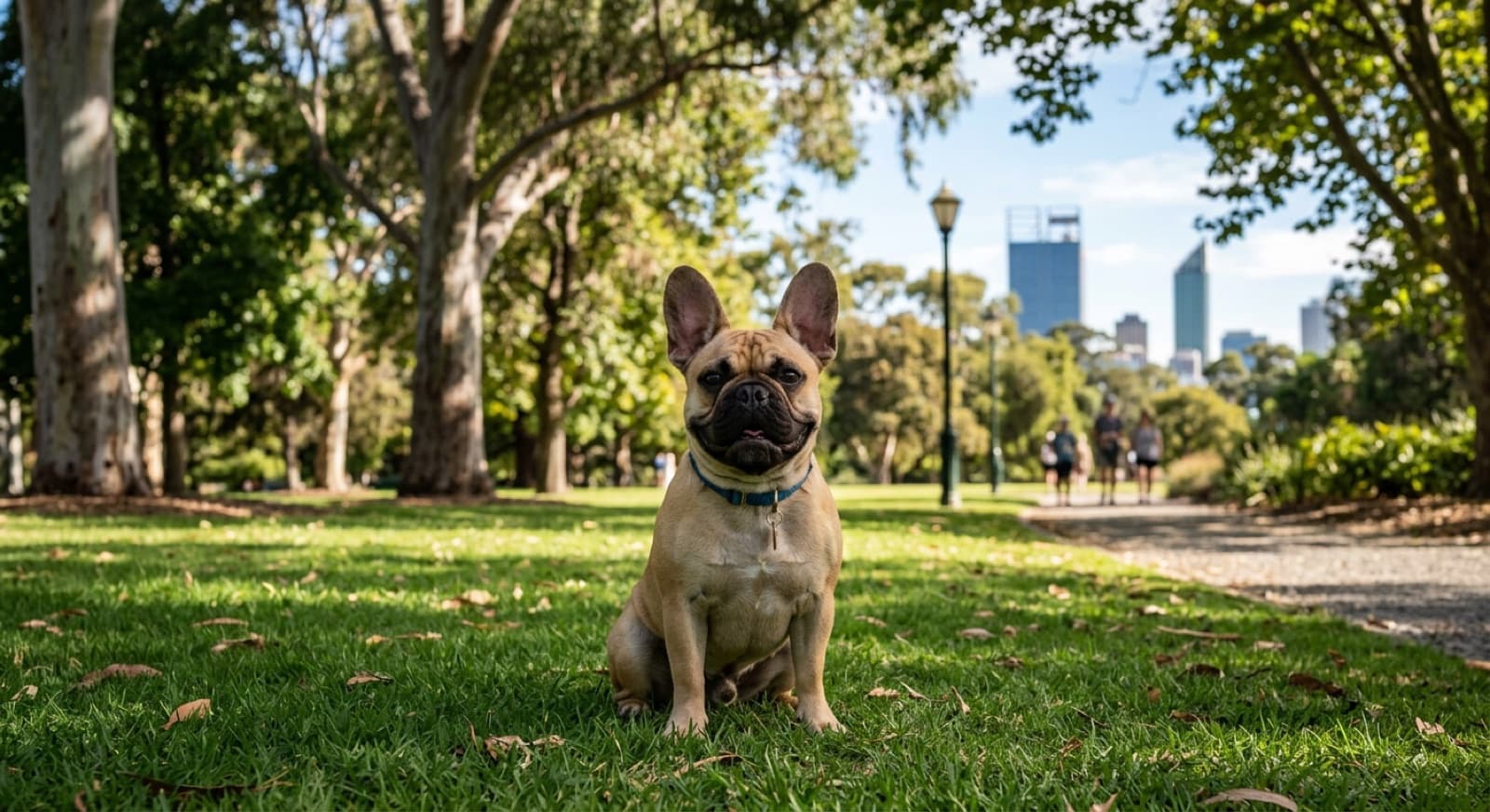A French Bulldog with large bat ears sitting on green grass in a shady Perth park, representing the flat-faced companion dogs available for adoption across Western Australia