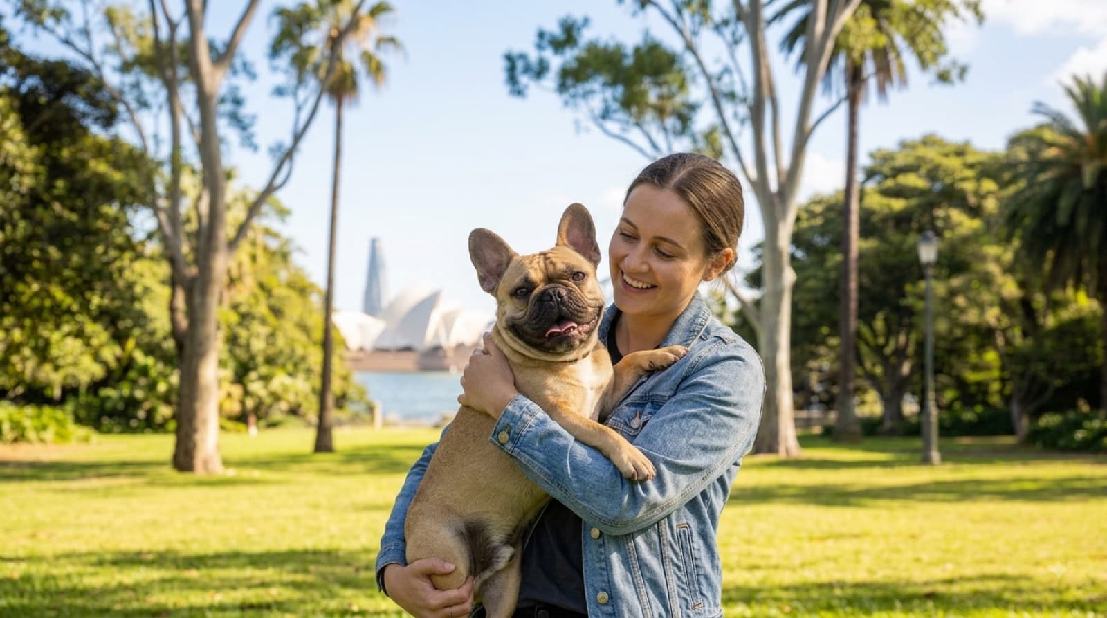 A brindle French Bulldog looking up at its owner in a suburban Sydney home, representing the choice between buying and adopting a Frenchie