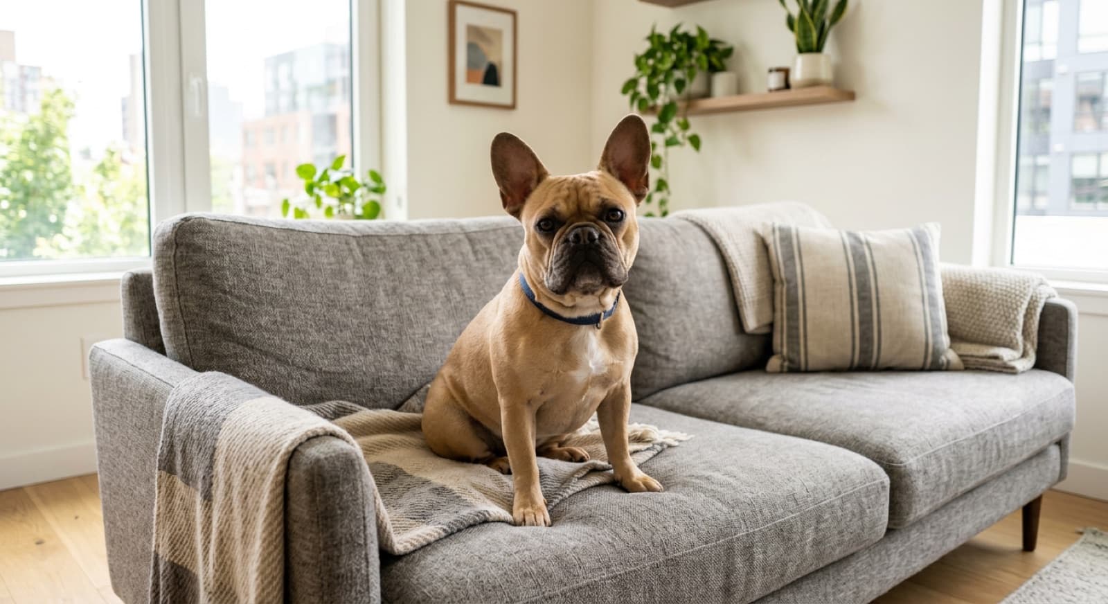 A French Bulldog with distinctive bat ears sitting indoors, illustrating a guide to the breed's health issues including breathing, spinal, skin and eye conditions for Brisbane owners