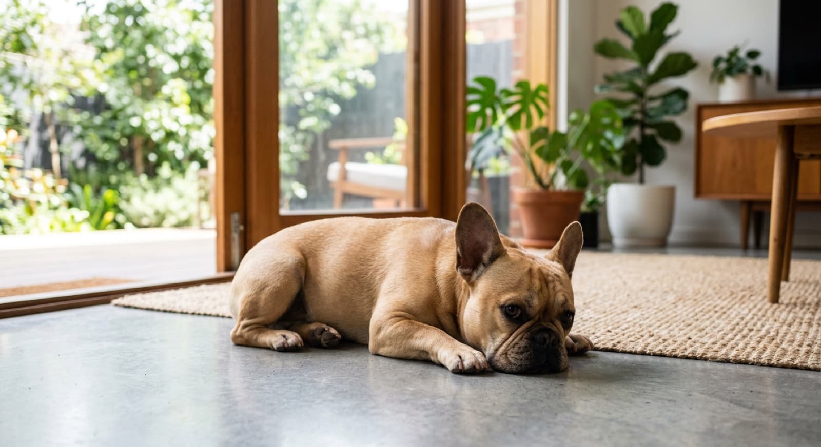 A French Bulldog resting calmly indoors in a Melbourne home, representing careful health management of a high-need brachycephalic breed
