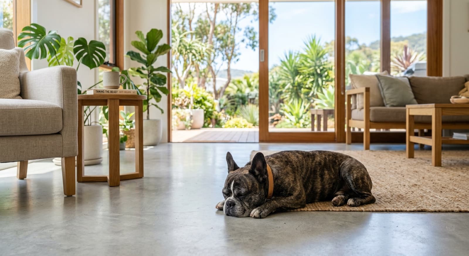 A calm adult French Bulldog resting on a cool floor indoors in a bright Australian home, representing careful health and heat management of the brachycephalic breed in Perth