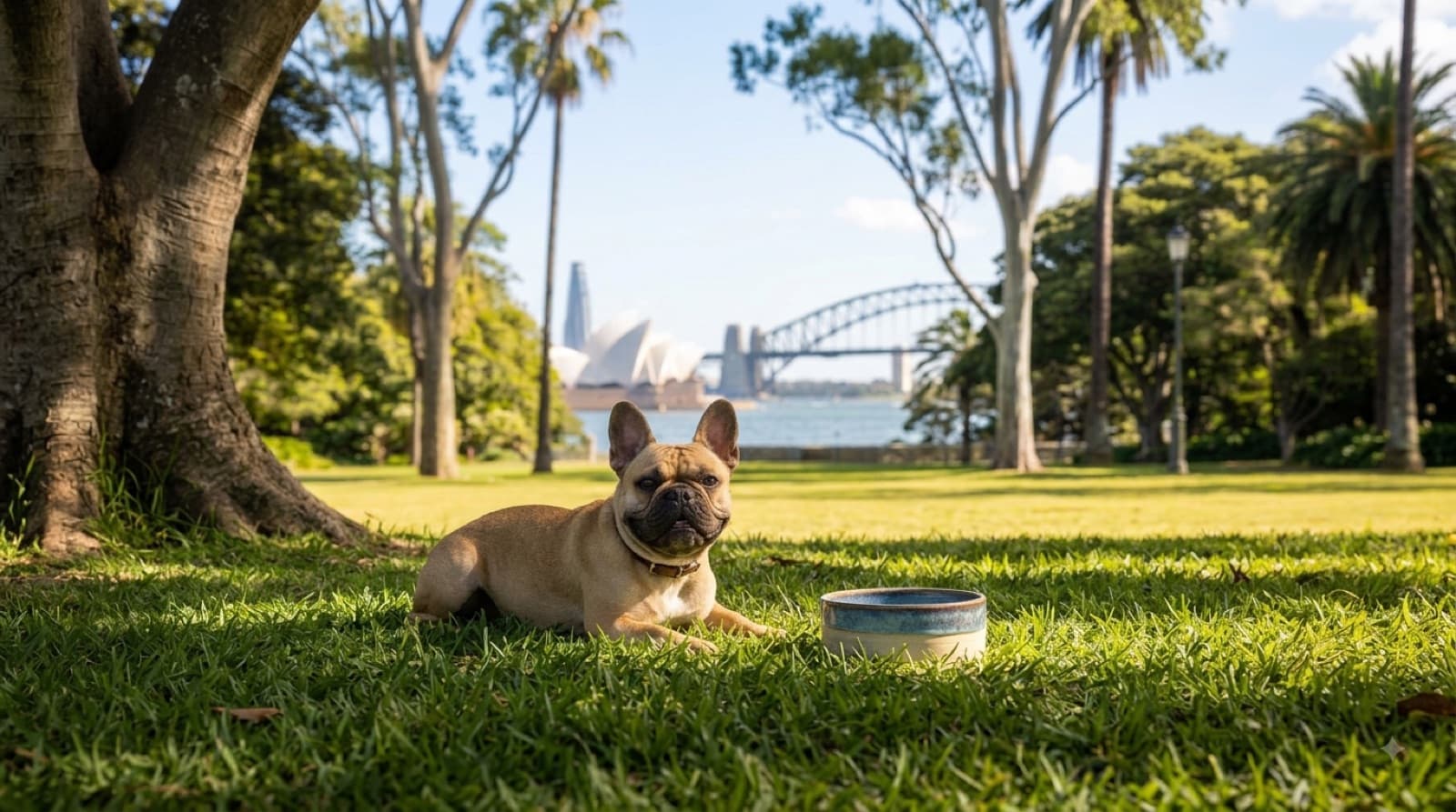 A healthy, lean fawn French Bulldog standing on grass in a shaded Sydney backyard, representing the good body condition and care that Frenchie health depends on