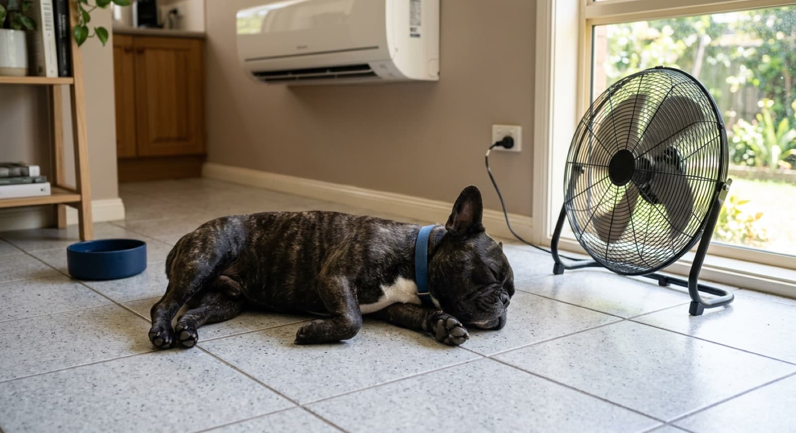 A French Bulldog resting in a cool indoor spot, illustrating heat and breathing safety for a flat-faced breed in the Brisbane climate