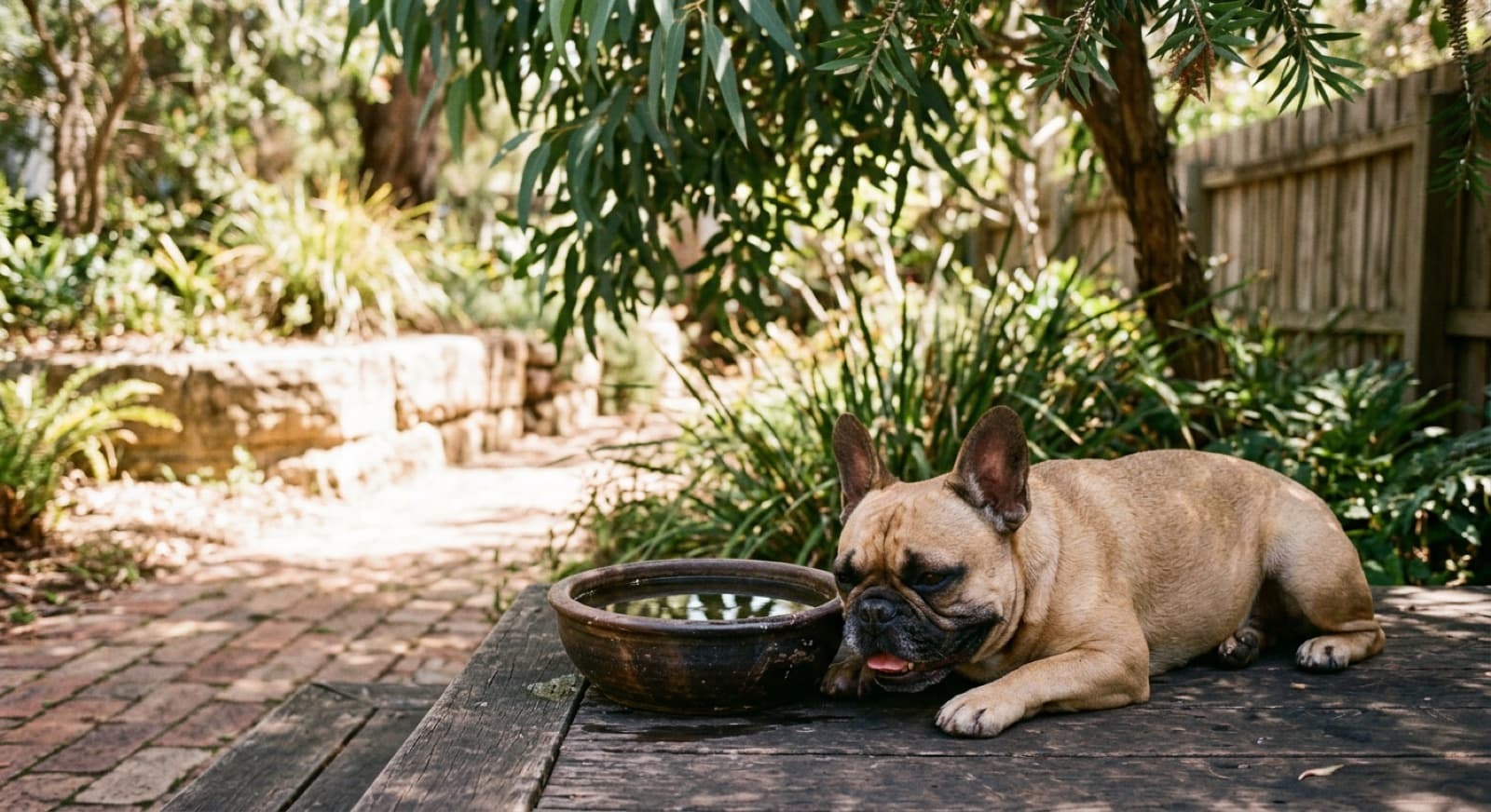 A French Bulldog resting in the shade beside a water bowl on a warm Melbourne day, illustrating heat-safety care for a flat-faced breed
