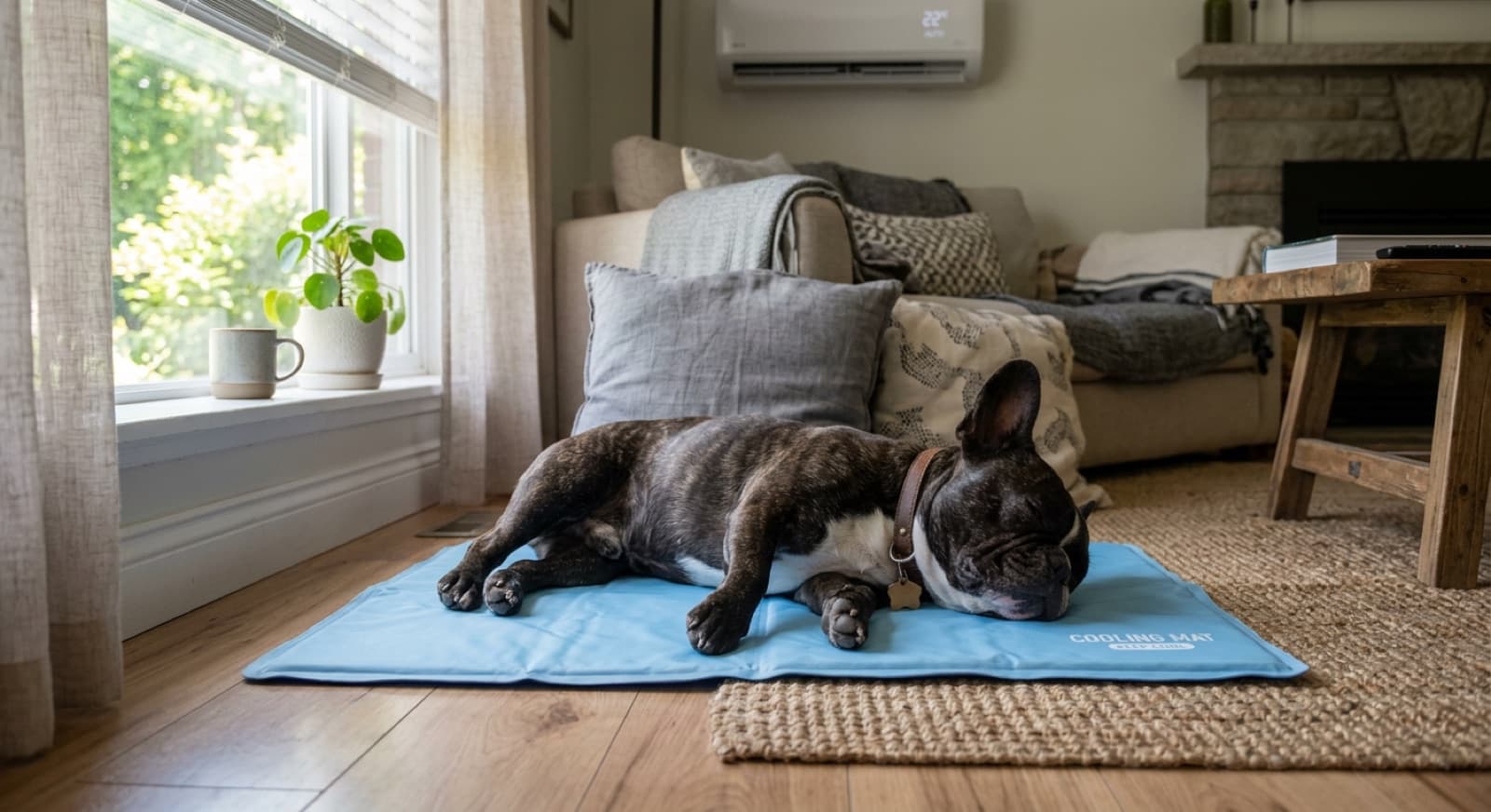 A French Bulldog resting on a cooling mat in a shaded, air-conditioned indoor space, representing safe heat management for the flat-faced breed in the Perth summer
