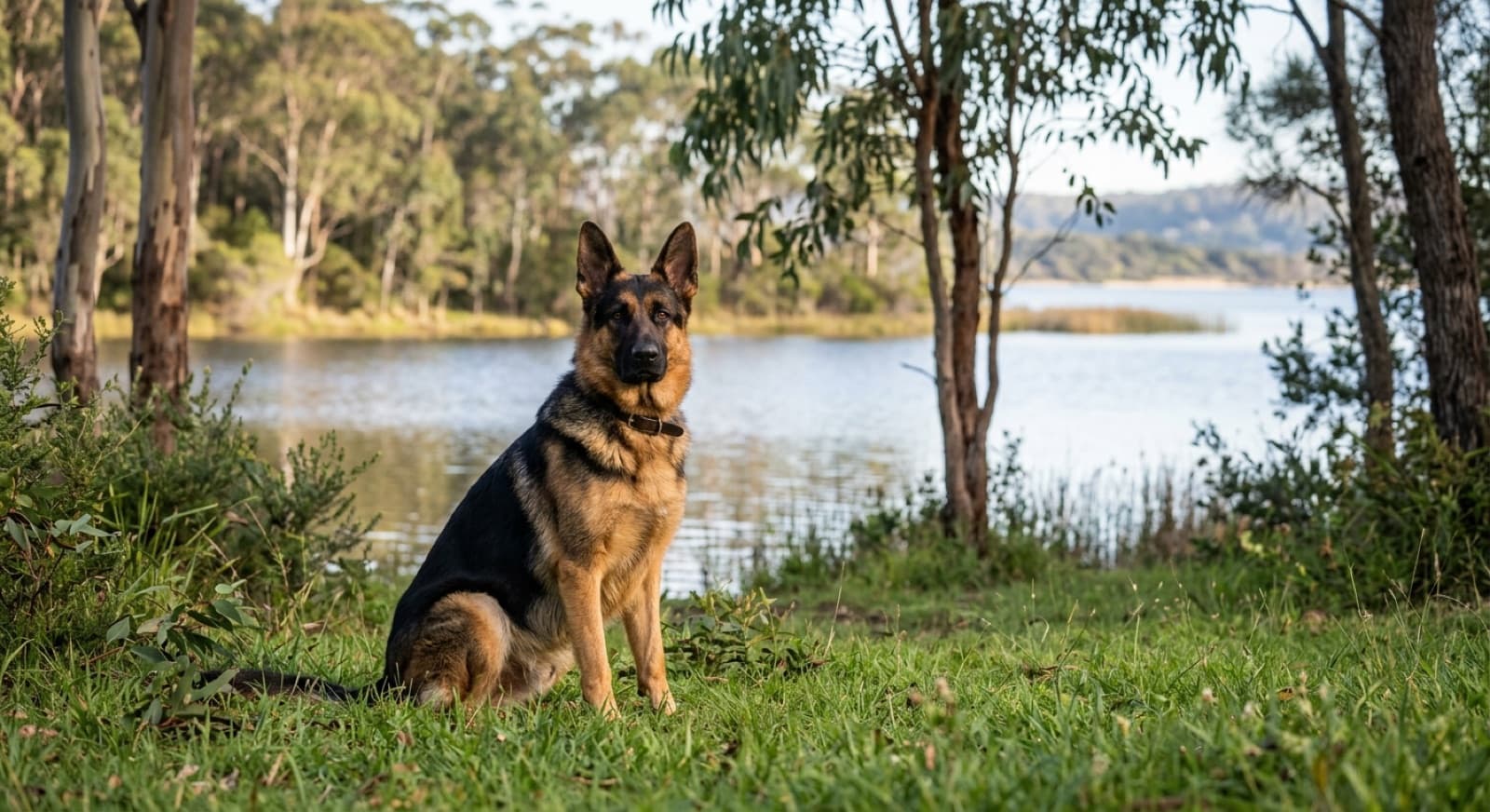 A black-and-tan German Shepherd sitting alert on grass beside calm water in a Hobart park, representing the working dogs available for adoption across Tasmanian rescues