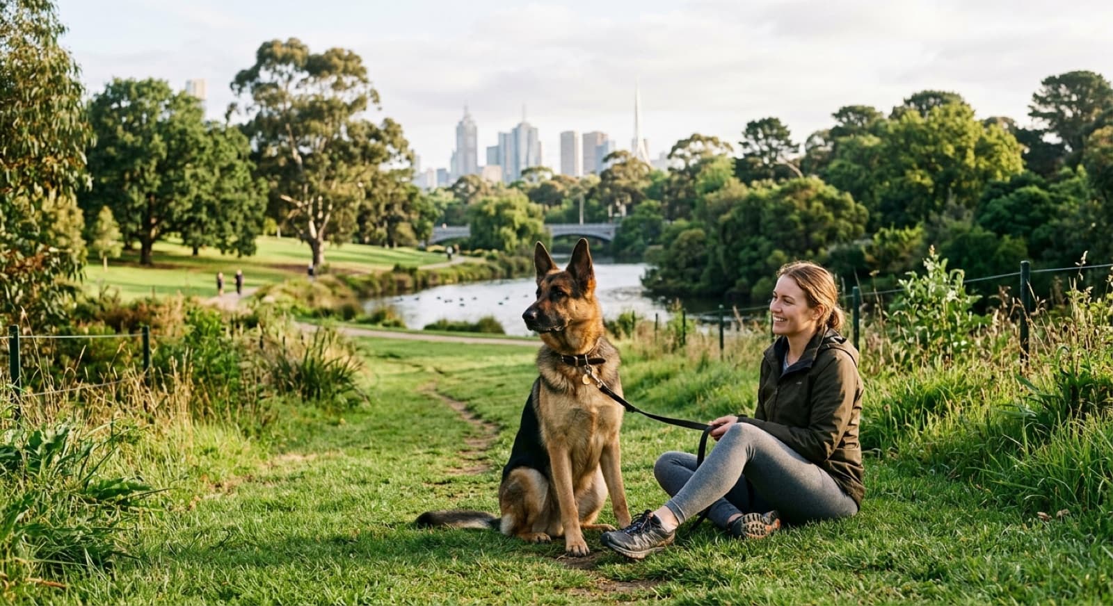 A black and tan German Shepherd sitting alert on a sunny Melbourne park lawn, representing the rescue dogs available for adoption across Victoria