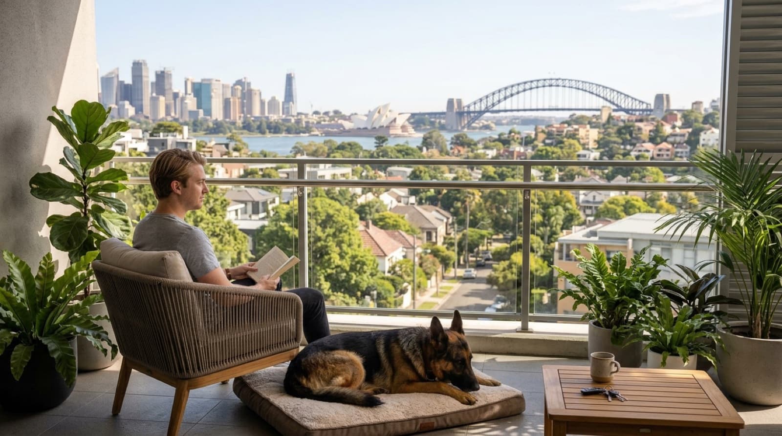 A calm German Shepherd resting indoors in a Sydney apartment, illustrating apartment living for the breed
