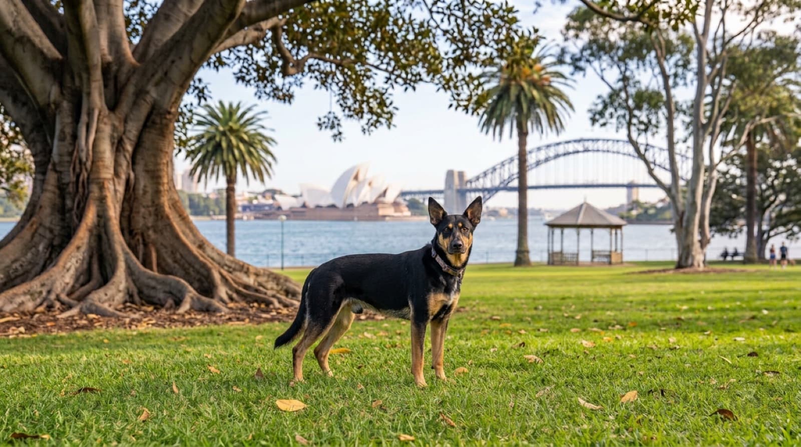 A German Shepherd cross sitting on a Sydney park lawn, representing the mixed-breed shepherds available for adoption across NSW