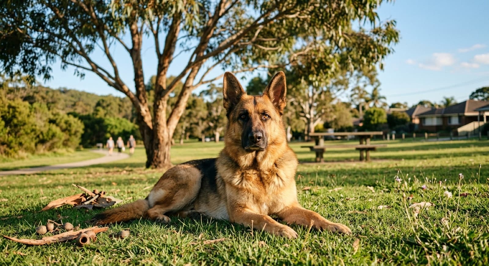 A healthy adult German Shepherd standing on a Melbourne parkland trail, illustrating the breed health issues rescue adopters should plan for