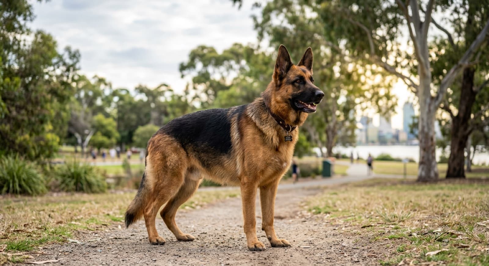 A healthy adult German Shepherd standing alert, representing good health management of the breed for Perth adopters
