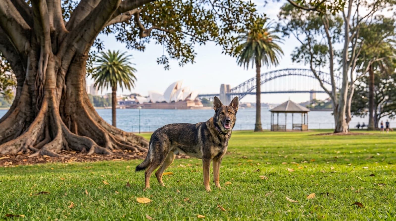 A healthy adult German Shepherd standing on a Sydney bush trail, illustrating the breed health issues adopters should plan for