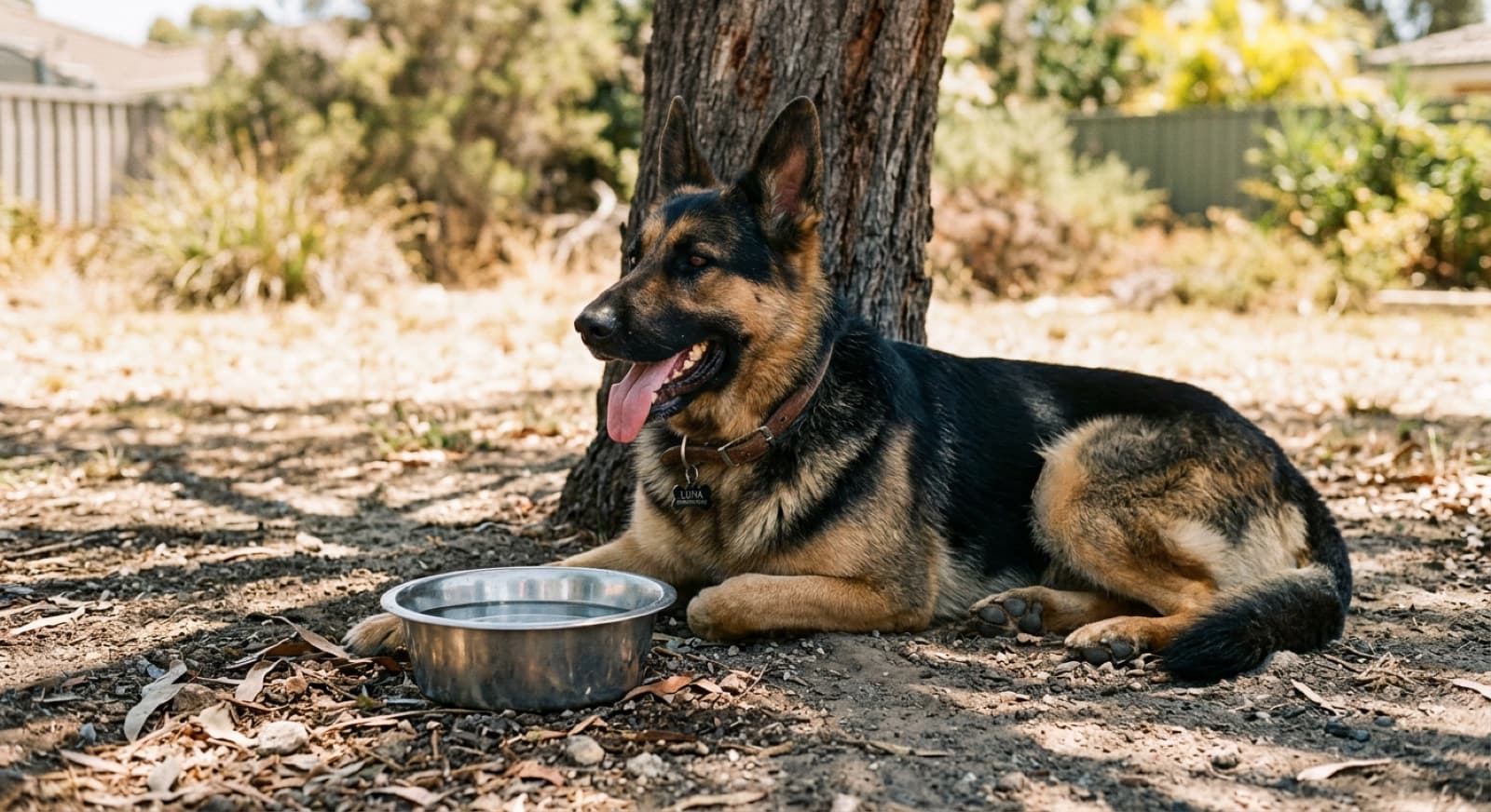 A German Shepherd resting in shade with water nearby on a warm day, illustrating heat and double-coat care for the breed in Perth