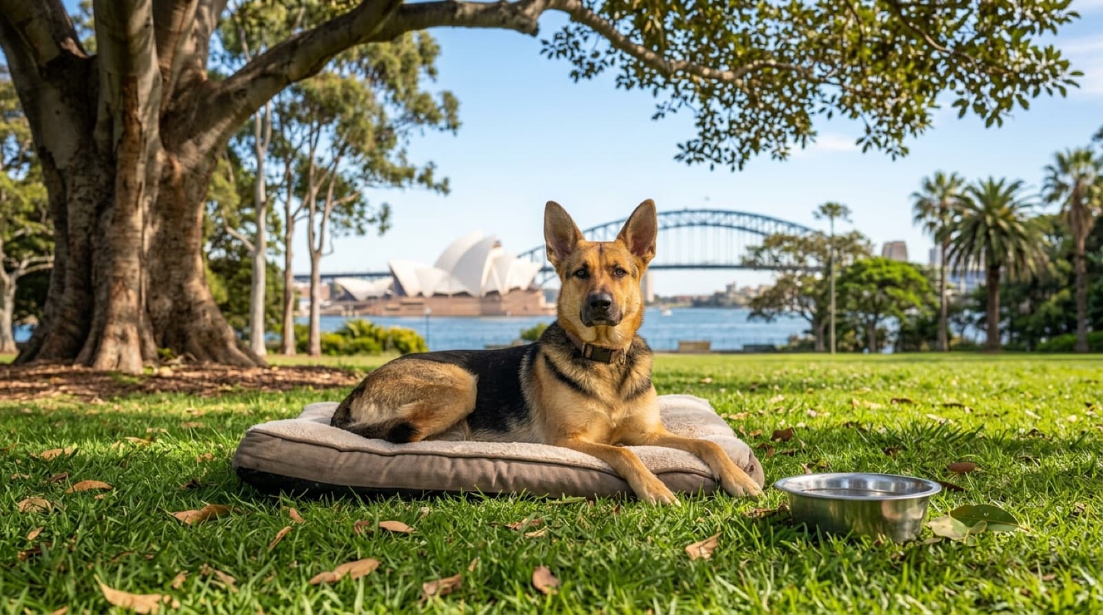 A German Shepherd resting in the shade on a warm Sydney day, illustrating heat management for the double-coated breed