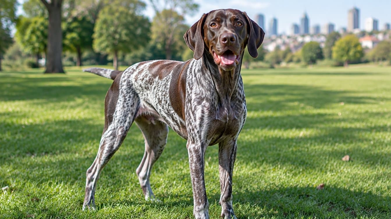 A liver and white German Shorthaired Pointer standing on the grass in a Melbourne park, representing the rescue GSPs available for adoption across Victoria
