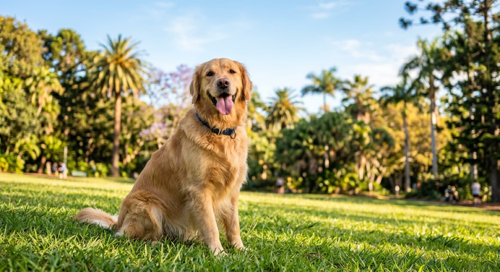A happy golden retriever sitting on green grass in a sunny Brisbane park, representing the rescue Goldens available for adoption across Queensland