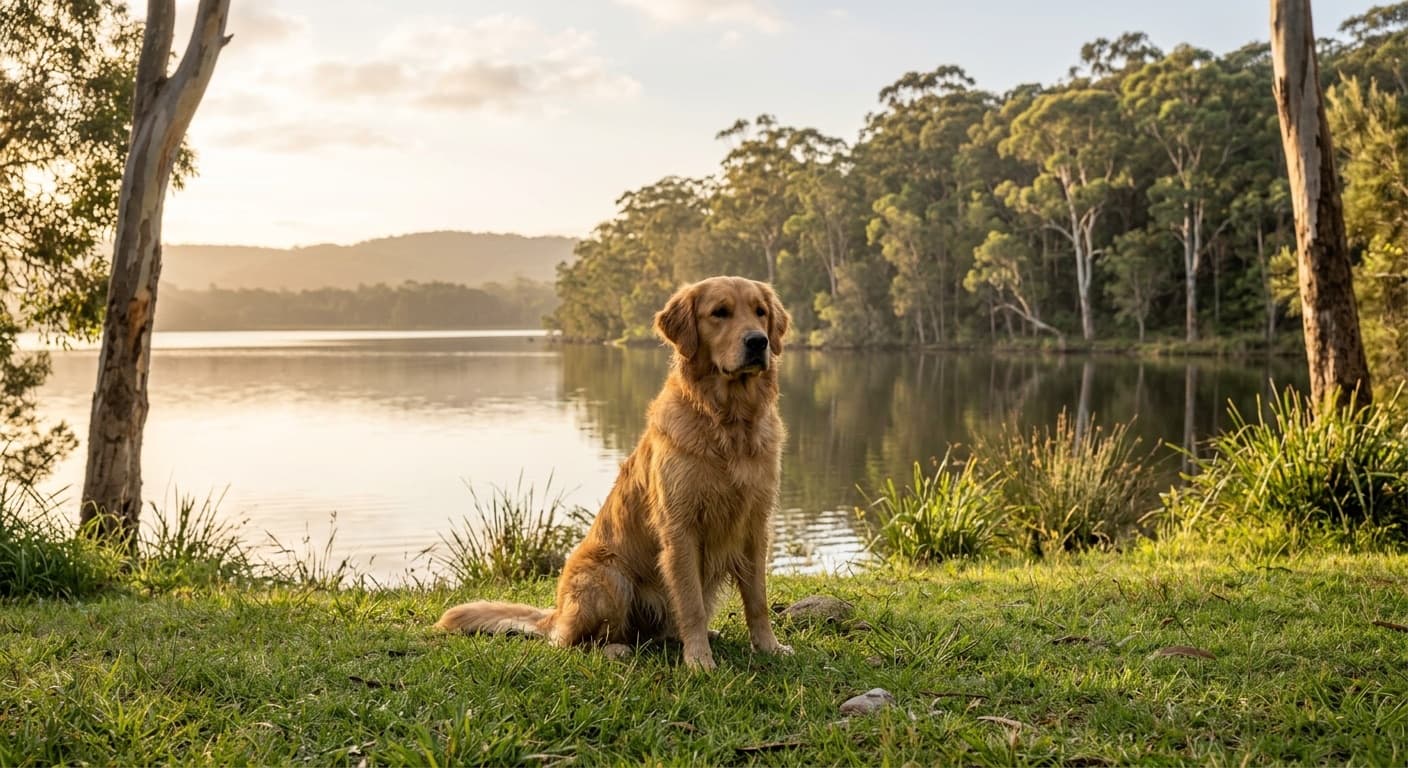 A golden-coated Golden Retriever sitting on a grassy reserve beside a calm coastal lake on the NSW Central Coast in soft morning light