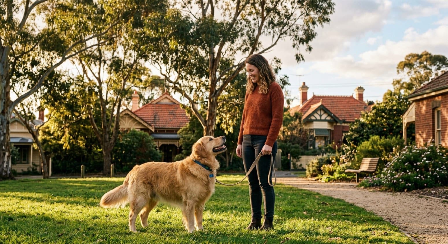 A friendly golden-coated Golden Retriever sitting on grass in a sunny Melbourne park, representing the gentle family dogs occasionally available for adoption across Melbourne and Victorian rescues