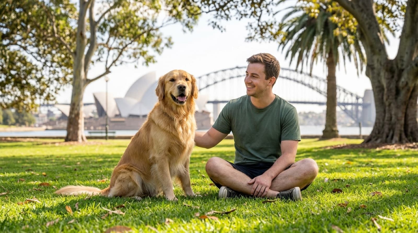 A friendly golden-coated Golden Retriever sitting on grass in a sunny Sydney park, representing the gentle family dogs occasionally available for adoption across Sydney and NSW rescues