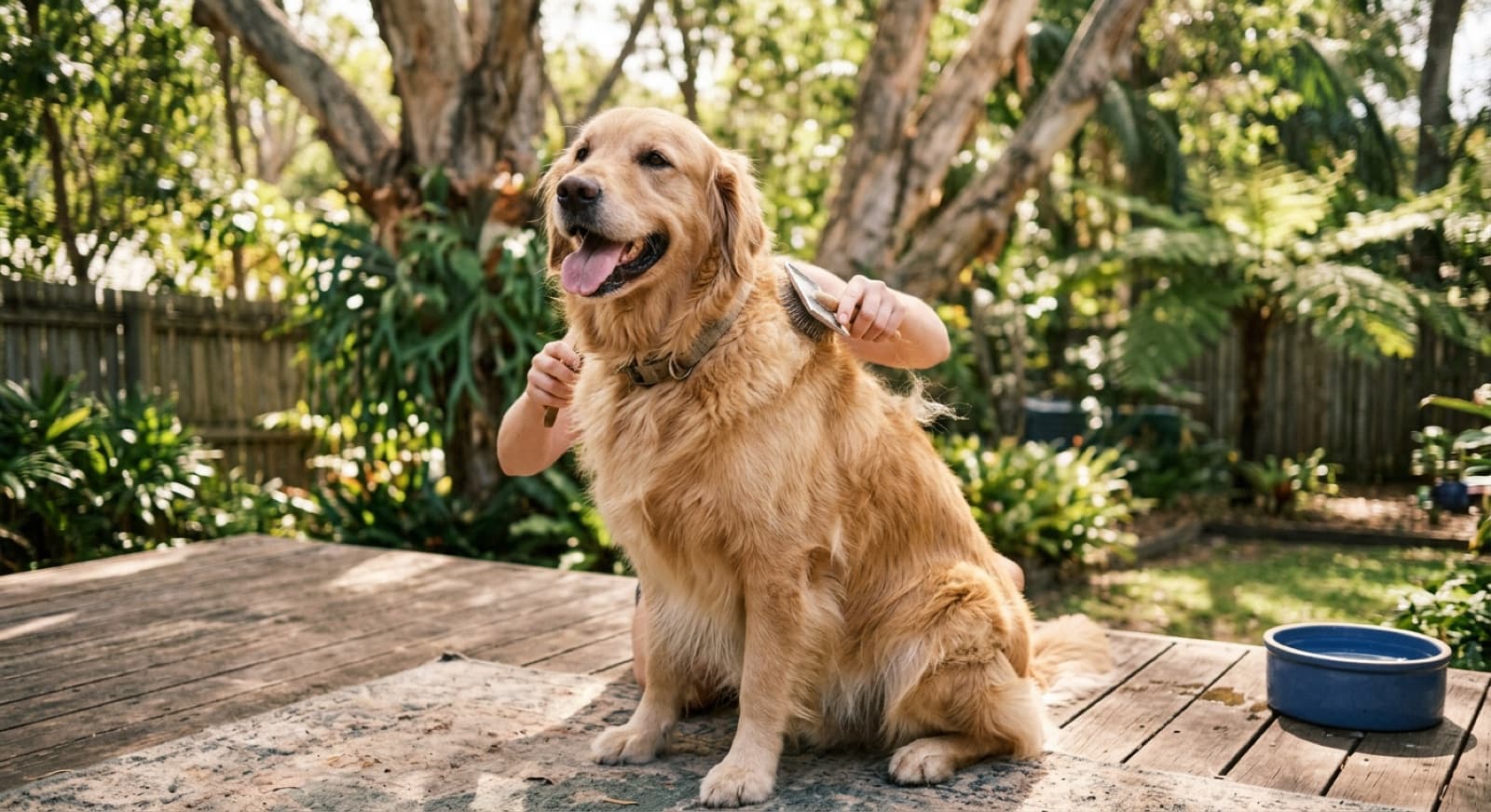 A golden retriever being brushed outdoors in dappled shade, representing double-coat grooming and heat care for the breed in the Perth climate