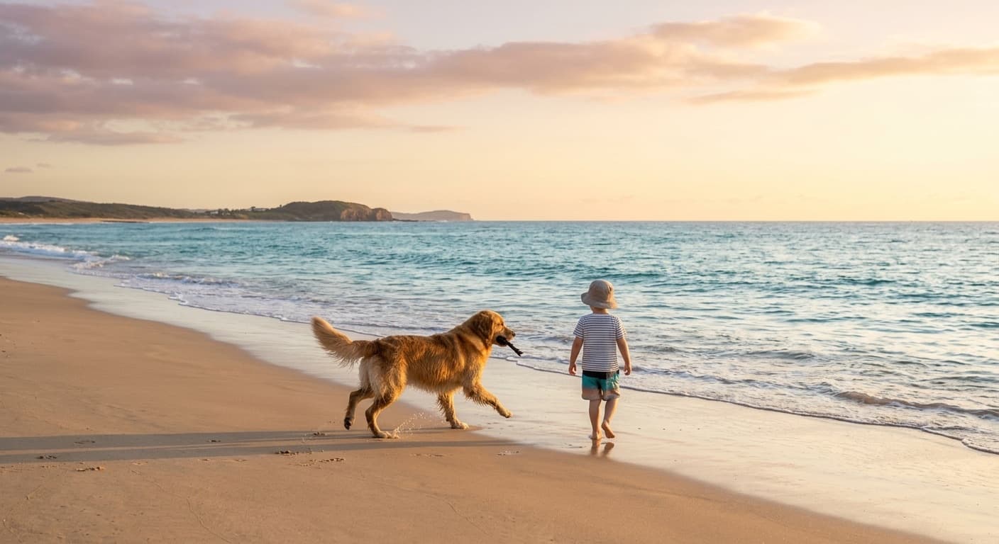 A Golden Retriever trotting on wet sand beside a child at the edge of the water on a quiet NSW Central Coast beach in late-afternoon light