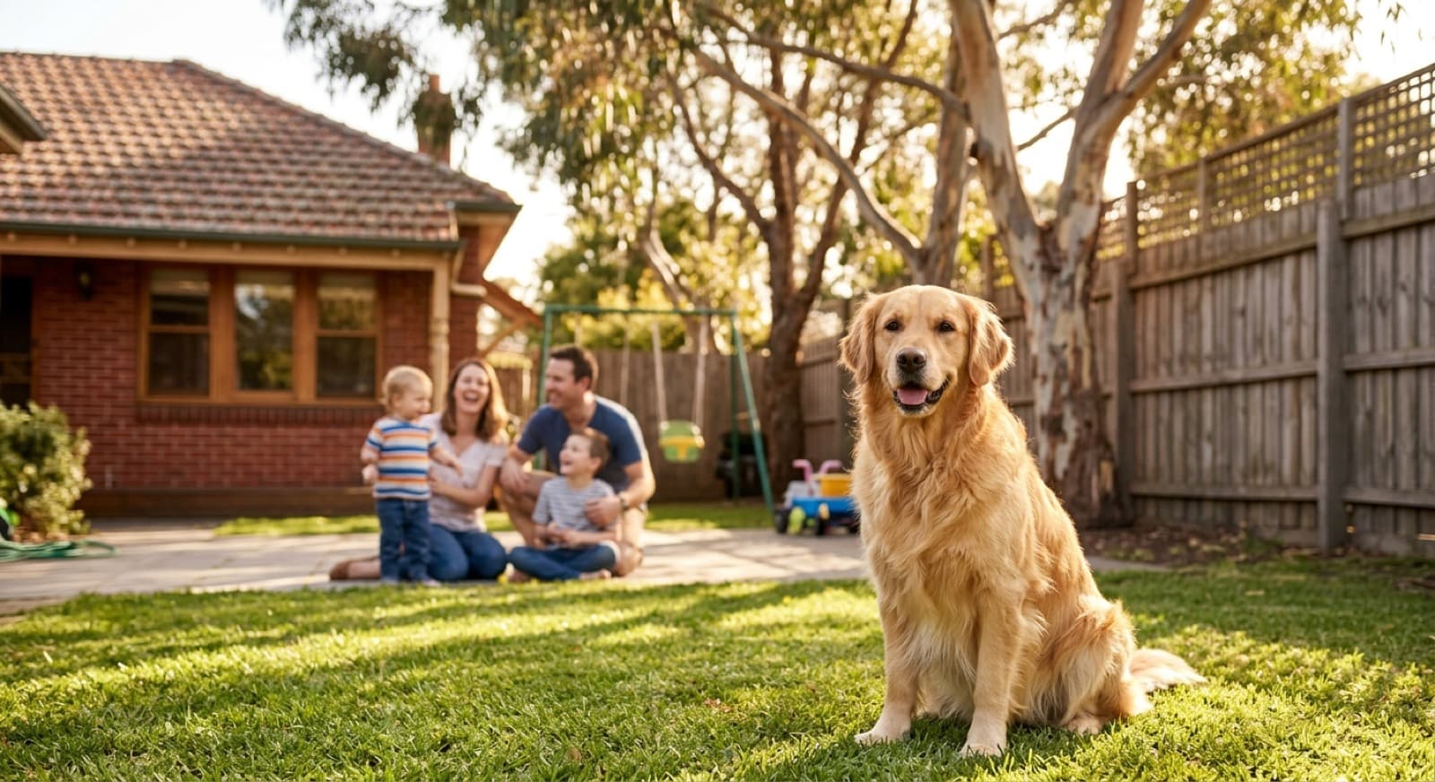 A Golden Retriever playing gently with children on the grass in a sunny Melbourne backyard, representing the breed's family-friendly temperament and its need for active daily life