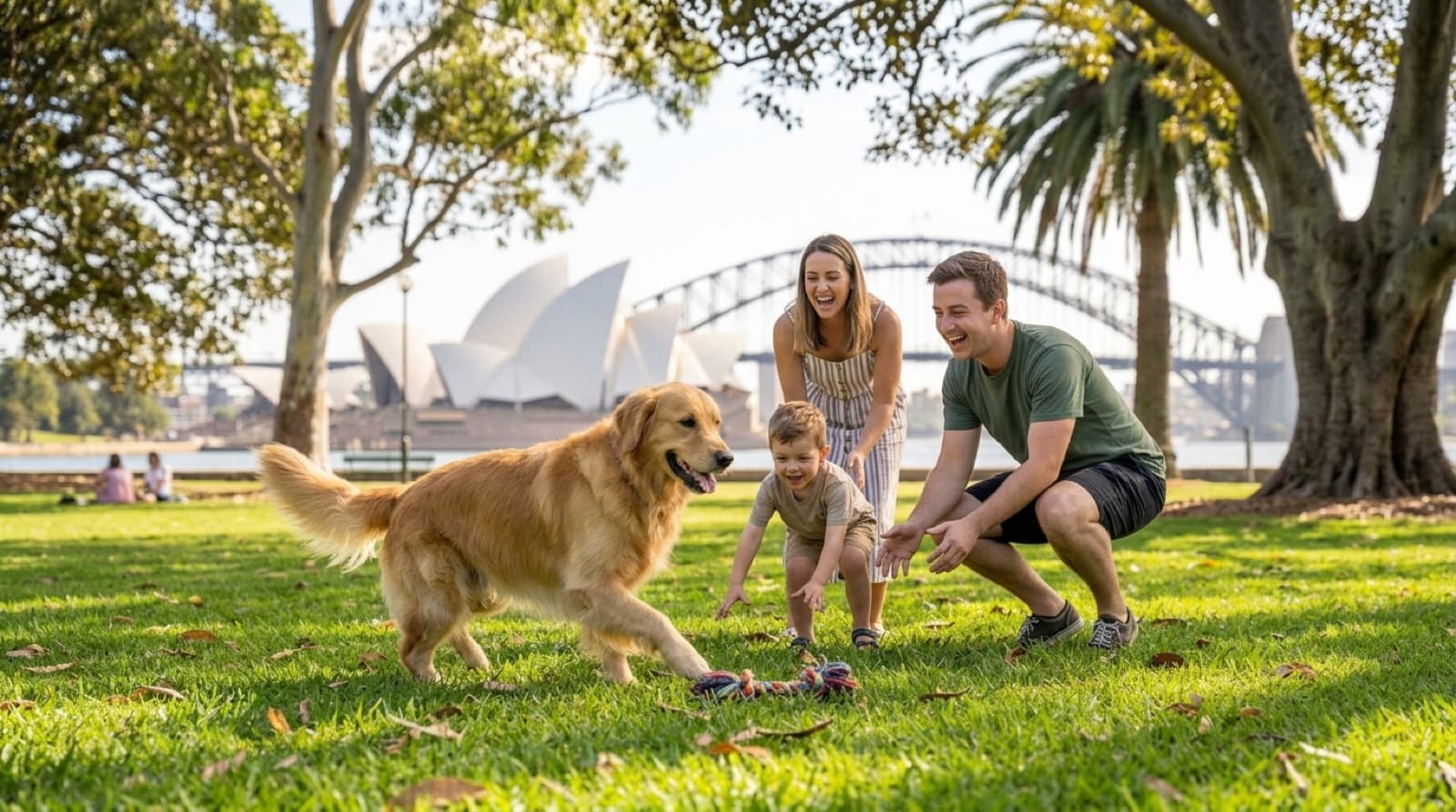 A Golden Retriever playing gently with children on the grass in a sunny Sydney backyard, representing the breed's family-friendly temperament and its need for active daily life